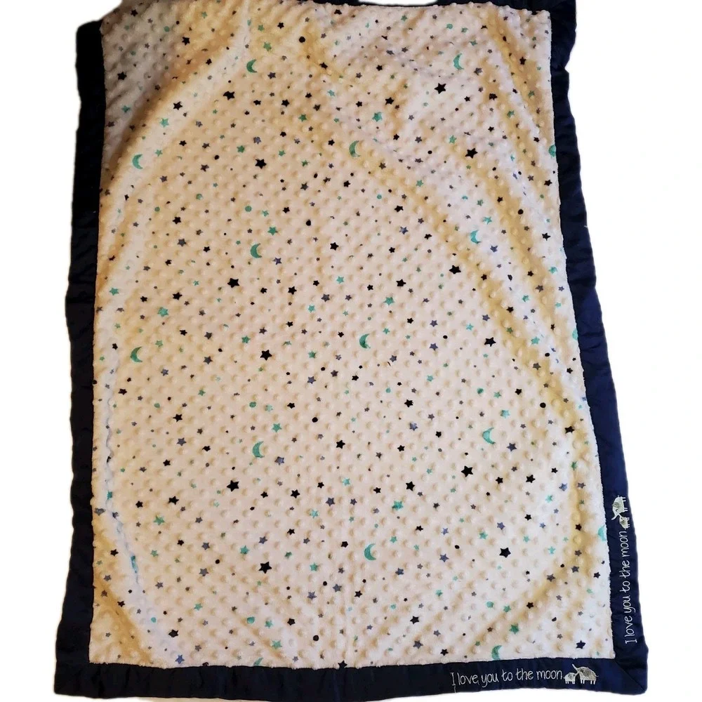 Just Born Baby Blanket I Love You To The Moon Elephant Navy Blue Minky Dot Stars